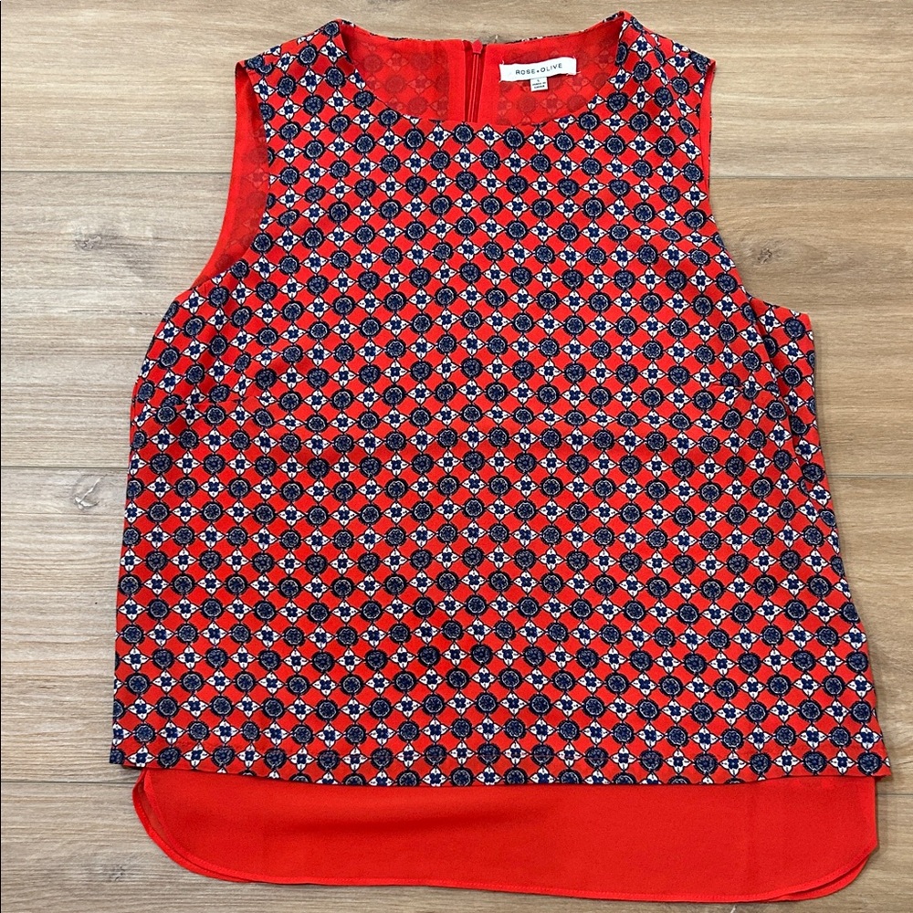 Rose & Olive Red and Black Patterned Sleeveless Blouse